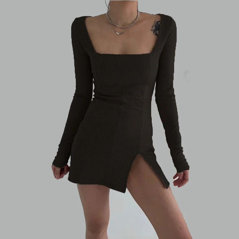 

Y2K женское винтажное платье с длинным рукавом и квадратным вырезом