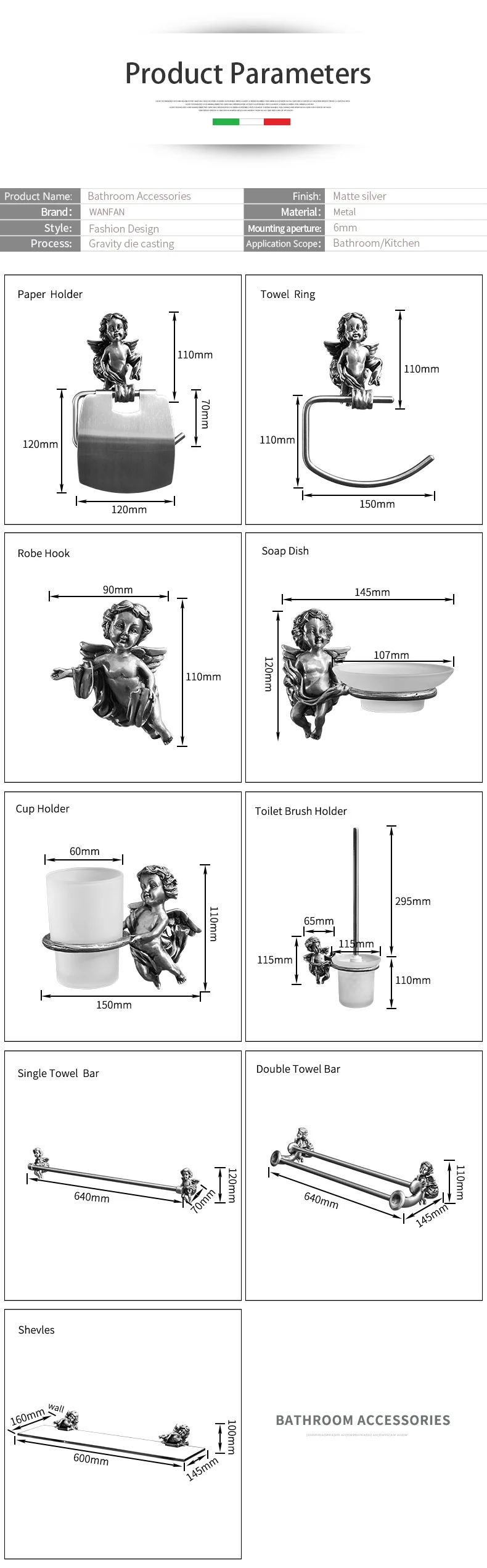 Description Picture 3 of itemSilver Bathroom Hardware Accessories Set, Towel Ring and Robe Hook,Toilet Paper Holder Towel Bar Toliet Brush Holder MB-0782T