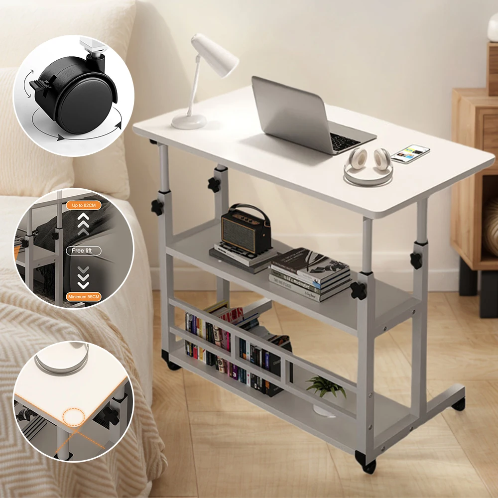 Height Adjustable Bedside Laptop Desk Multi-Layer Storage with Invisible Omnidirectional Wheels Mobile Table for Home Office St