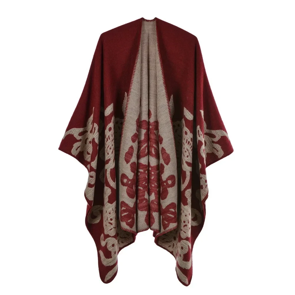 

Autumn Winter Butterfly Jacquard Knitted Shawl Women Keep Warm Imitation Cashmere Poncho Lady Capes Red Cloaks