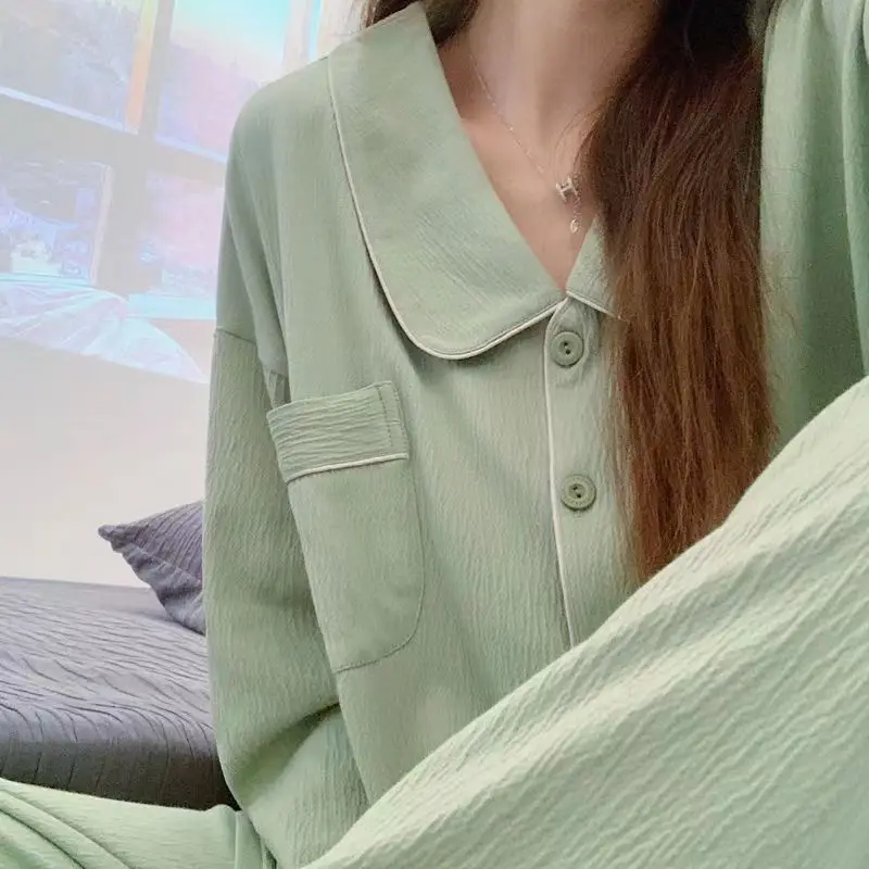 Pajamas for Women Ensemble Femme 2 Pièces Casual Simple Pyjamas Solid Color Pijama Mujer Long Sleeve Pants Home Suit