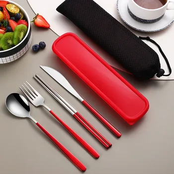 Set di stoviglie portatili in acciaio inossidabile con scatola Coltello da pranzo Forchetta Cucchiaio Bacchette Posate in quattro pezzi Completo di posate da viaggio Regalo 1