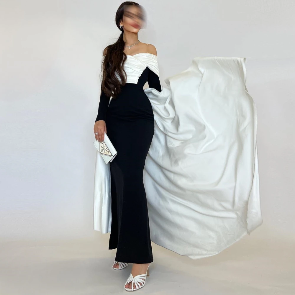 

Carolina Off the Shoulder Evening Dresses Long Sleeves Satin Black 2023 South Arabia Women Wedding Guest Formal Party Gowns