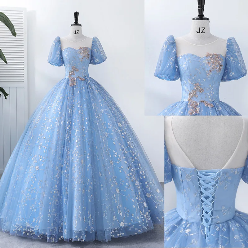 Classic Blue Vestido De Debutante New Sequin Tulle Ball Gown Sweet Scoop-neck Floor-length Elegant Quinceanera Dresses
