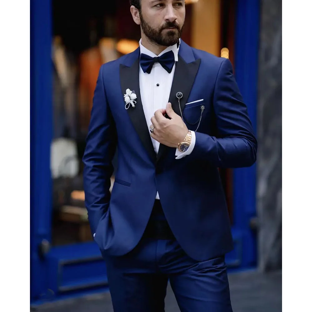 

2023 New Men Wedding Navy Blue Satin Peaked Lapel Suits Business Casual Formal Costume Homme Slim Fit 2 Pcs Set Jacket Pants