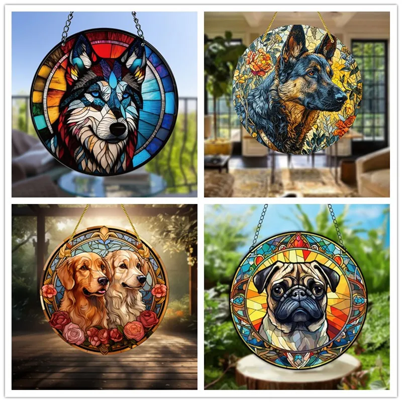 Dog Printed Stained Suncatcher Window Hanging Pendant Animals Pattern Acrylic Round Ornament for Garden Home Room Wall Decor