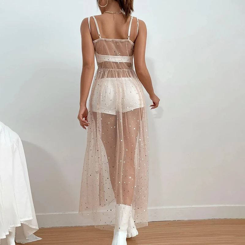 Summer Women Beach Cover Up Sleeveless Square Neck Holiday Sequined Split Smock Midi Beach Dress 2