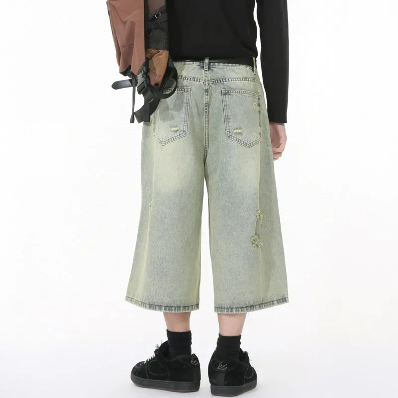 Men's summer new high street fashion trend light colored vintage vintage irregular hole wide leg denim cropped pants M7-D-N857