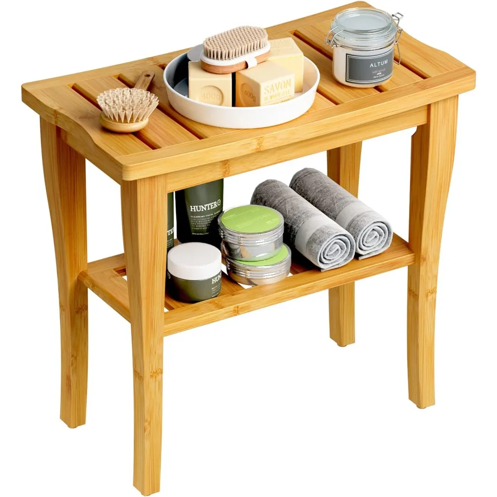 Bamboo Shower Bench 2-Tier Spa Stool for Inside Shower with Storage Shelf and Non-Slip Feet Chair Seat Organizer