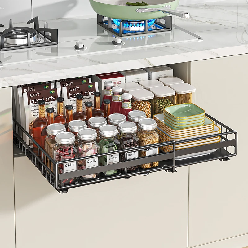 Pull-Out under the Cabinet Storage Straw Kitchen Organizer Rack for Utensils Cutlery Maximizing Space,Width Extendable 3