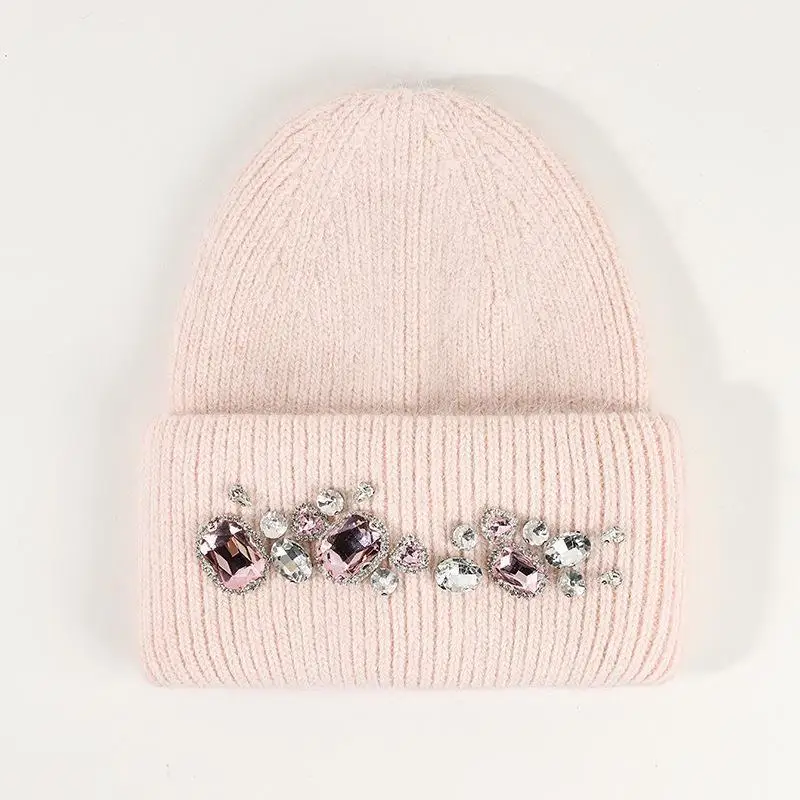 Ladies Fashion Warm Knitted Knitted Knitted Hat with Bright Diamond Rabbit Hair Thickened Warm Cotton Hat Travel Shopping Hat 4