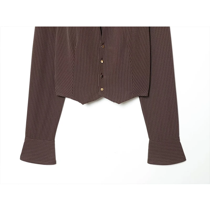 Chic Fashion Stripe Cropped Shirts for Women 2026 New Long Sleeve Shoulder Pad Women's Casual Shirt And Blouse Woman Tops