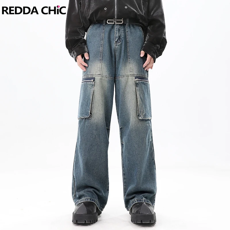 

Винтажные потертые брюки-карго REDDACHIC, мужские синие потертые прямые широкие мешковатые джинсы со множеством карманов, Повседневная рабочая одежда Y2k
