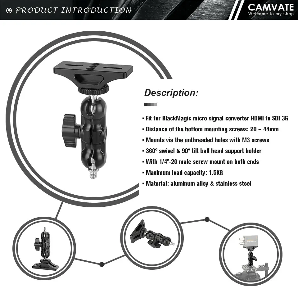 Extension Support With Ball Head Support Holder & 1/4"-20 Threaded For BlackMagi
