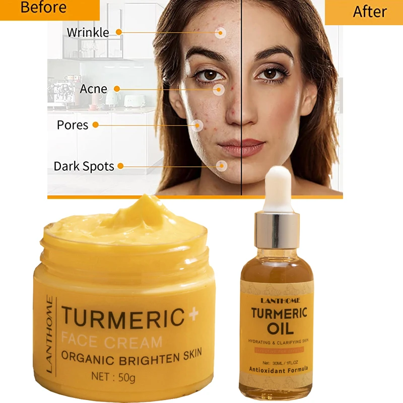 

Turmeric Skin Care Set Natural Organic Refining Pores Moisturizing Whitening Facial Oils Nourish Smooth Face AcneSkin Care Serum