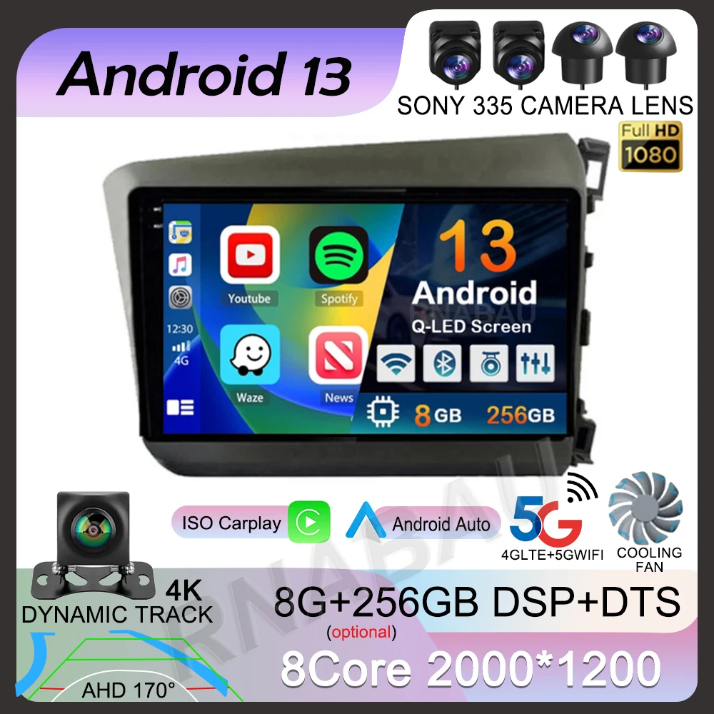 

Android 13 Carplay AutoCar Radio For Honda Civic 2012 2013 2014 2015 RHD Multimedia Video Player Stereo GPS Head Unit WIFI+4G BT