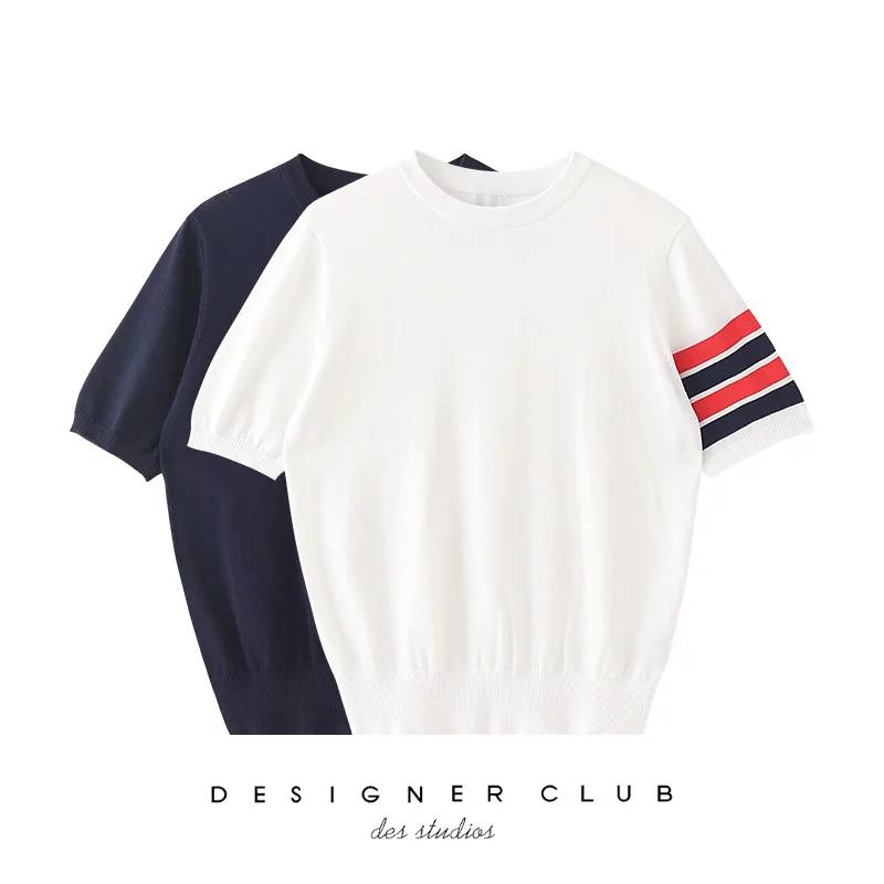 

TB blue and white striped four-bar round neck pullover ice silk sweater thin section British style college wind ribbon female