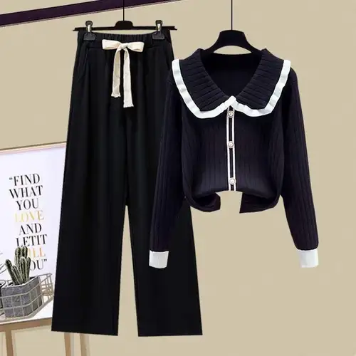 2025 Spring Korean Fashion Knitwear Sweater Wide Leg Pants Two Piece Set Women's Casual Sweatshirts High Waist Trousers Suits - Image 16