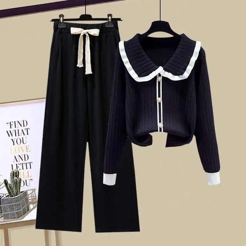 2025 Spring Korean Fashion Knitwear Sweater Wide Leg Pants Two Piece Set Women's Casual Sweatshirts High Waist Trousers Suits - Image 16