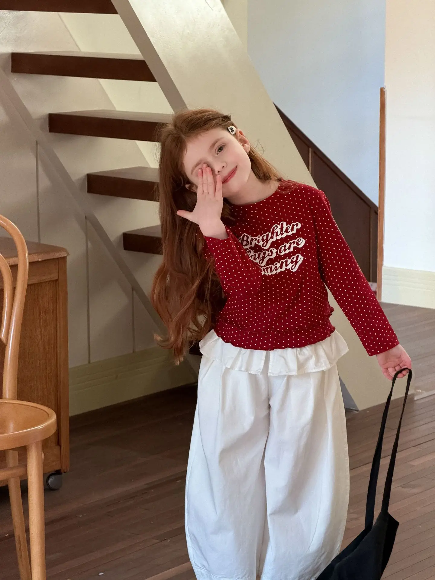 여아 상의 2026 봄 신상 미국식 폴카 도트 레터링 폴카 도트 프린트 캐주얼 패션 데일리 스타일리쉬 만능룩