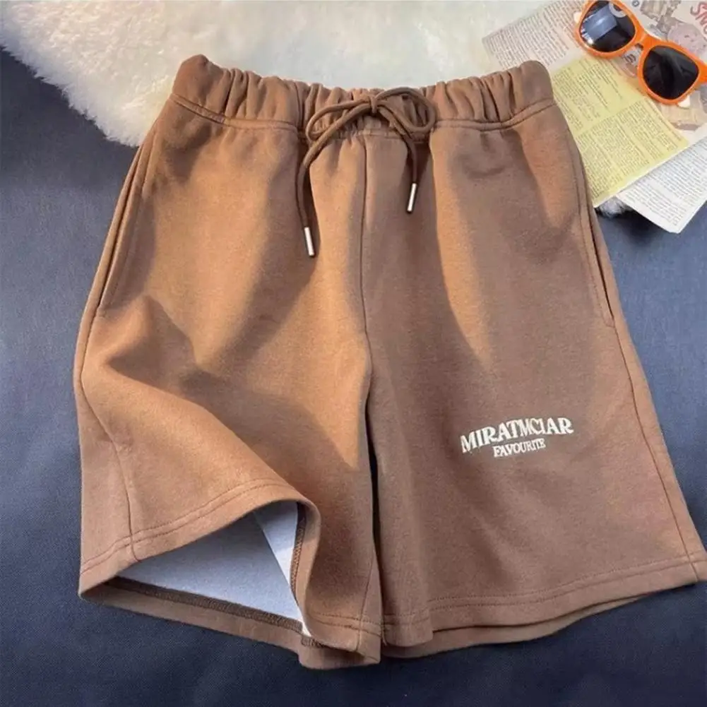 Men Elastic Waistband Shorts Men's Summer Knee-length Shorts With Letter Embroidery Drawstring Elastic Waist For Vacation