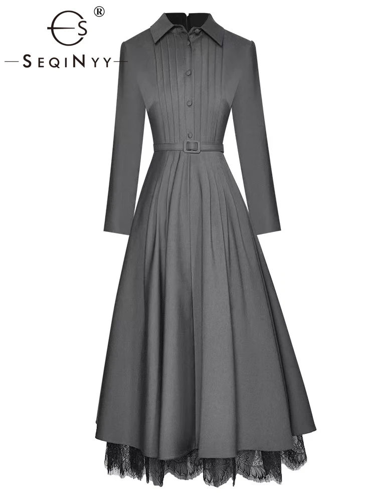 

SEQINYY Office Lady Dress Spring Autumn New Fashion Design Women Runway Vintage Lace Spliced Pleated A-Line Belt High Street
