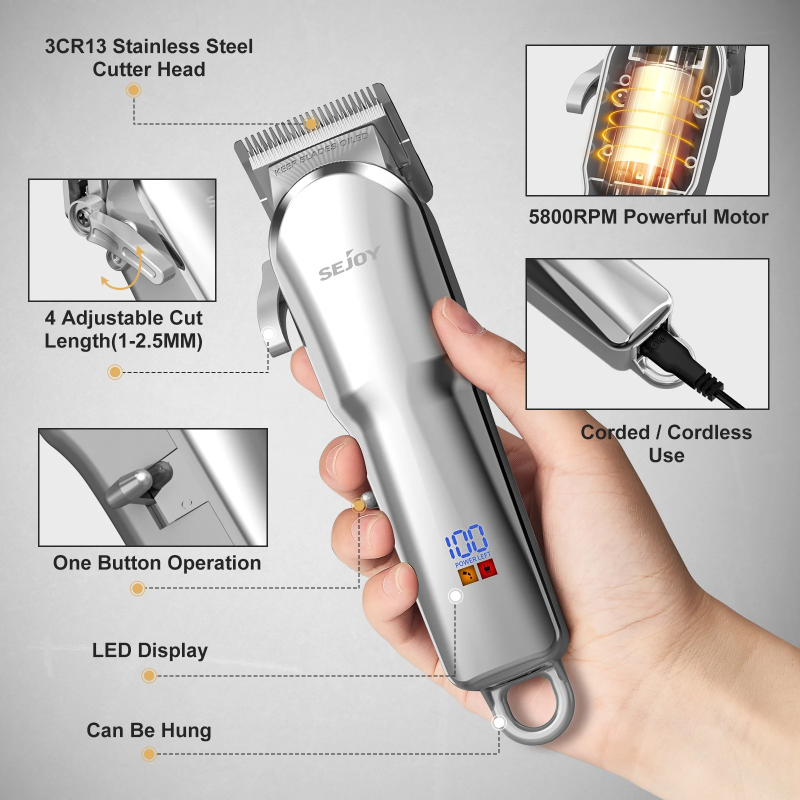 Sejoy Electric Hair Trimmer Cordless Professional Rechargeable Shaver Hair Cutting Machine for Men Hair Clipper Barber Shop 4
