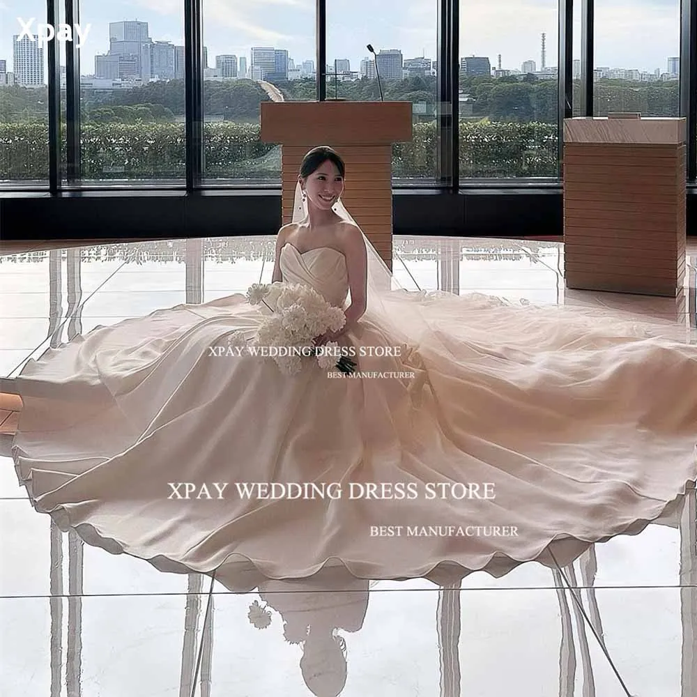 

XPAY Elegant Sweetheart Satin Korea Wedding Dresses Sleeveless A Line Bride Gown Photos Shoot Strapless Pleat Robe de mariage