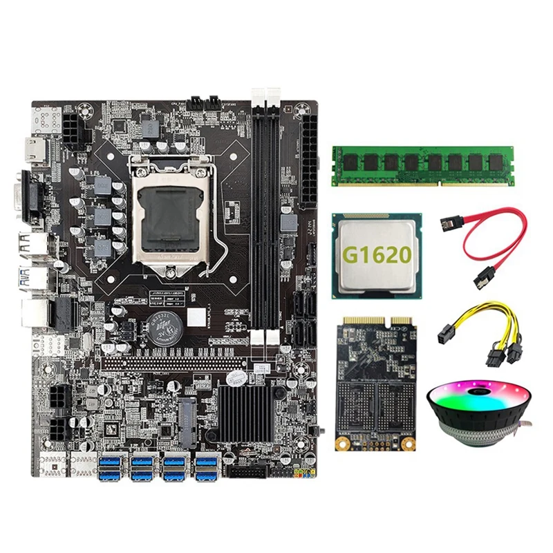 mother board of computer B75 BTC Mining Motherboard LGA1155 8GPU USB3.0 To PCIE+G1620 CPU+DDR3 8GB 1600Mhz RAM+MSATA SSD 128G +Cooling Fan Miner most powerful motherboard