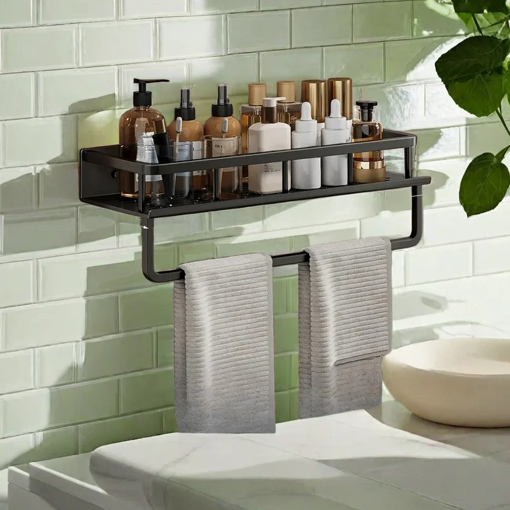 Multifunctional Aluminum Wall-Mounted Bathroom Black Shelf Towel and Bath Robe Storage Rack Bathroom Space Management Solution towel rack bathroom facilities