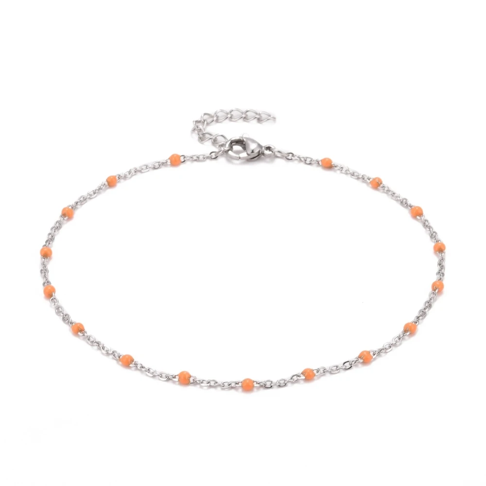 

304 Stainless Steel Cable Chain Anklets, with Enamel and Lobster Claw Clasps, Stainless Steel Color, Orange, 230x2mm