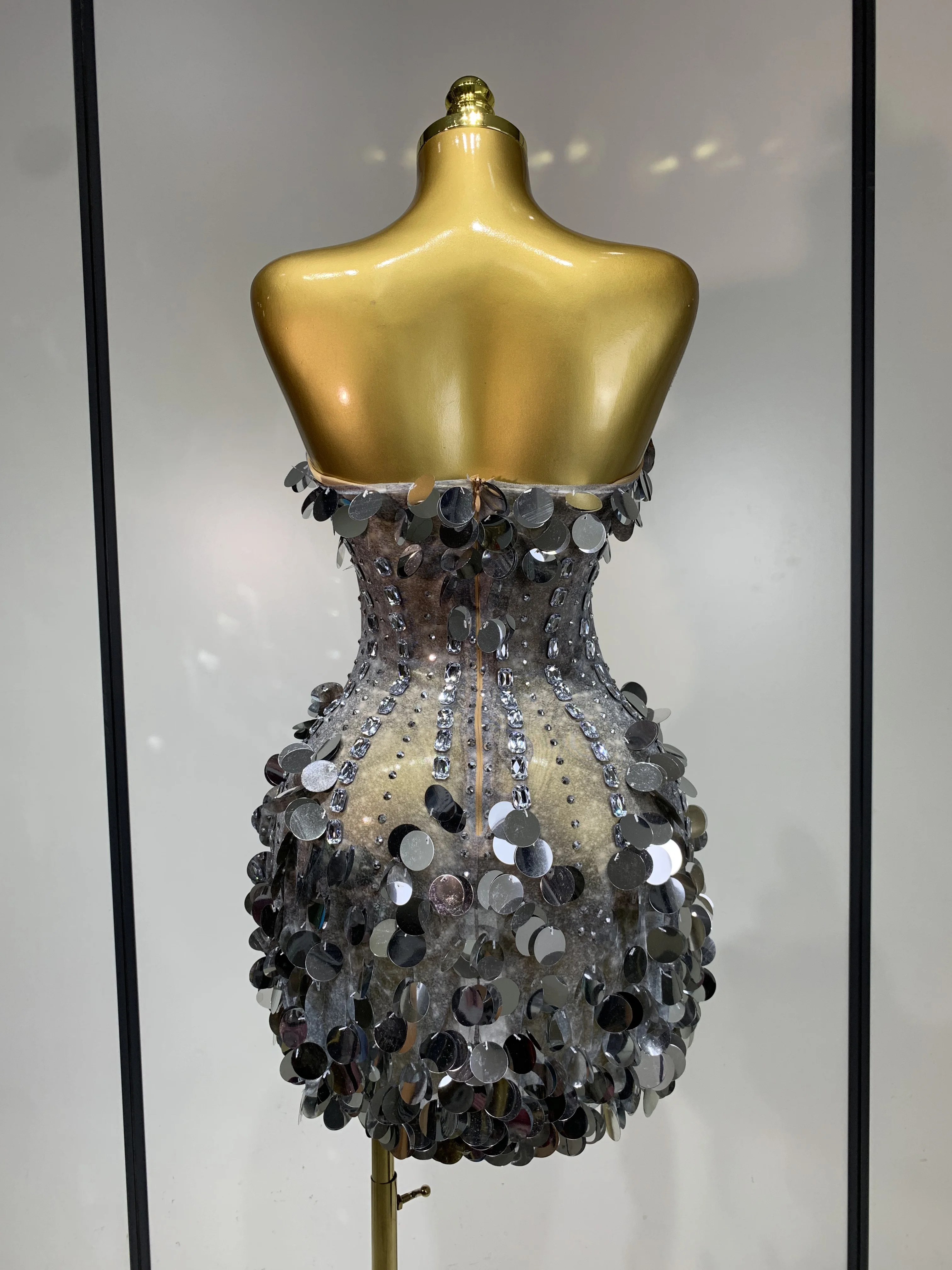 Sparkly Silver Rhinestone Sequins Strapless Mesh See Through Mini Dress Birthday EveningParty Nightclub Singer Stage Costume