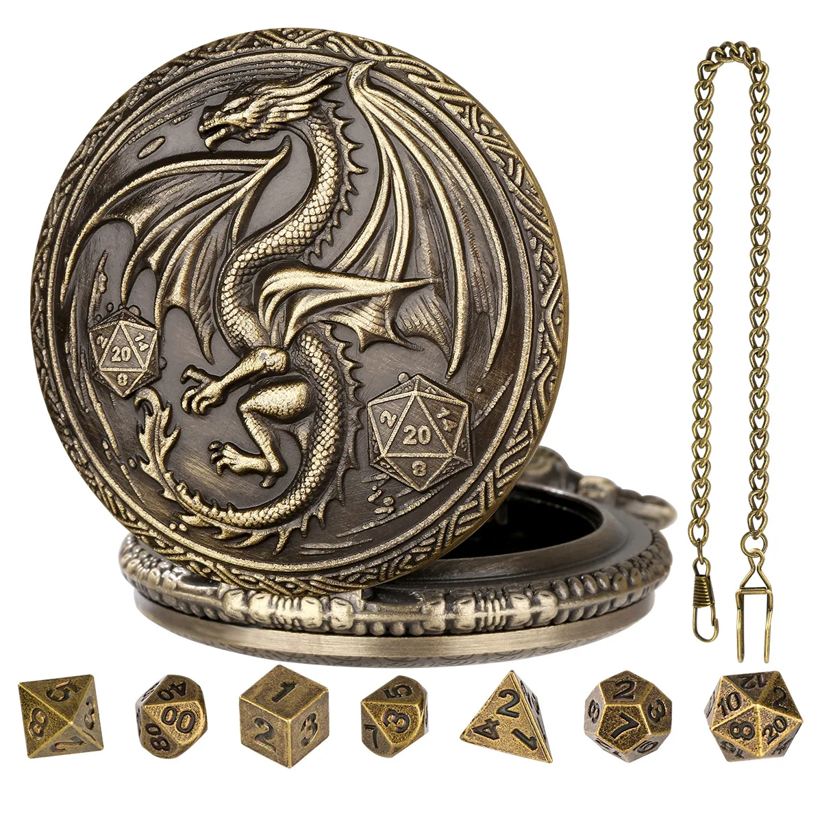 Vintage-Inspired Double Dragon DND Dice Jewelry Pocket Watch Case with 7 Metal Dice Set