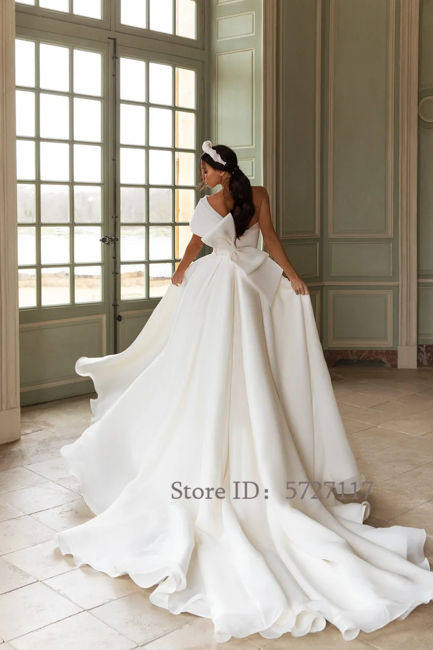 Appliques One Shoulder Wedding Dresses Split A-Line Bride Gow With Bow Long Train Bride Dress wedding dresses