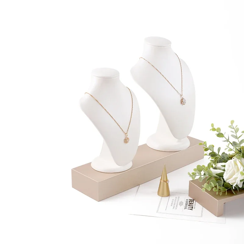 Elegant White PU Leather Pendant Necklace Chain Jewelry Display Holder Stand Bust Neckform Platform Window Counter Top Mannequin