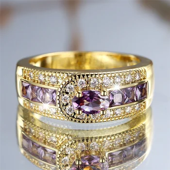 Crystal Female Purple Zircon Round Stone Engagement Ring Vintage Gold Color Wedding Bands Jewelry For Women Men