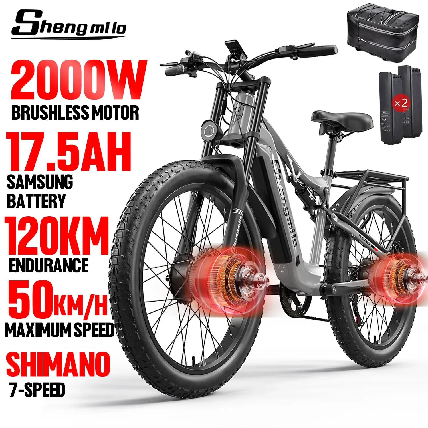 

Shengmilo S600 Ebike 2000W Dual Motor 48V17.5AH 26*3.0inch Fat Tire Electric Bike Full suspension Mountain Snow Electric Bicycle