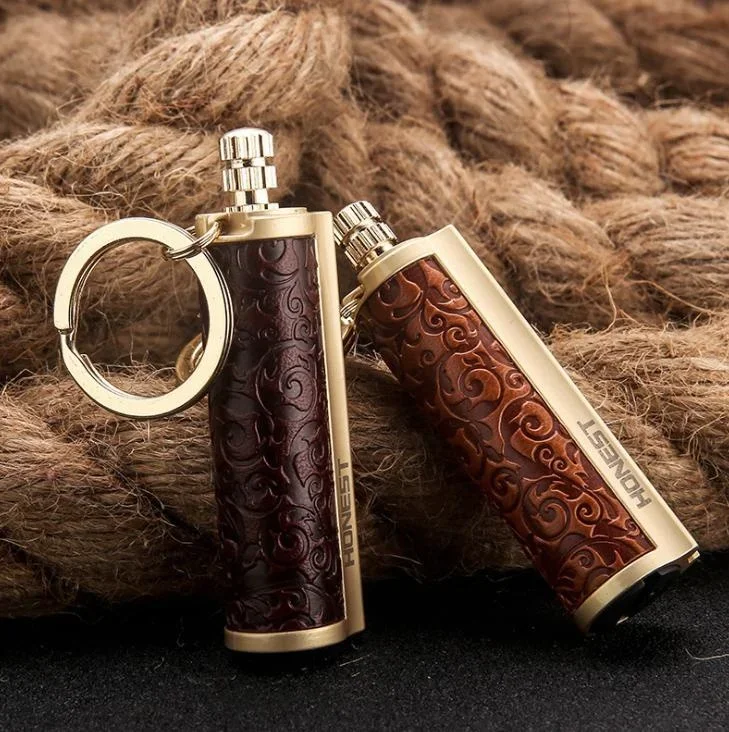 Description Picture 2 of itemLeather Wrapped Metal Rod Keychain Match Lighter Waterproof Kerosene Oil Lighter 2024