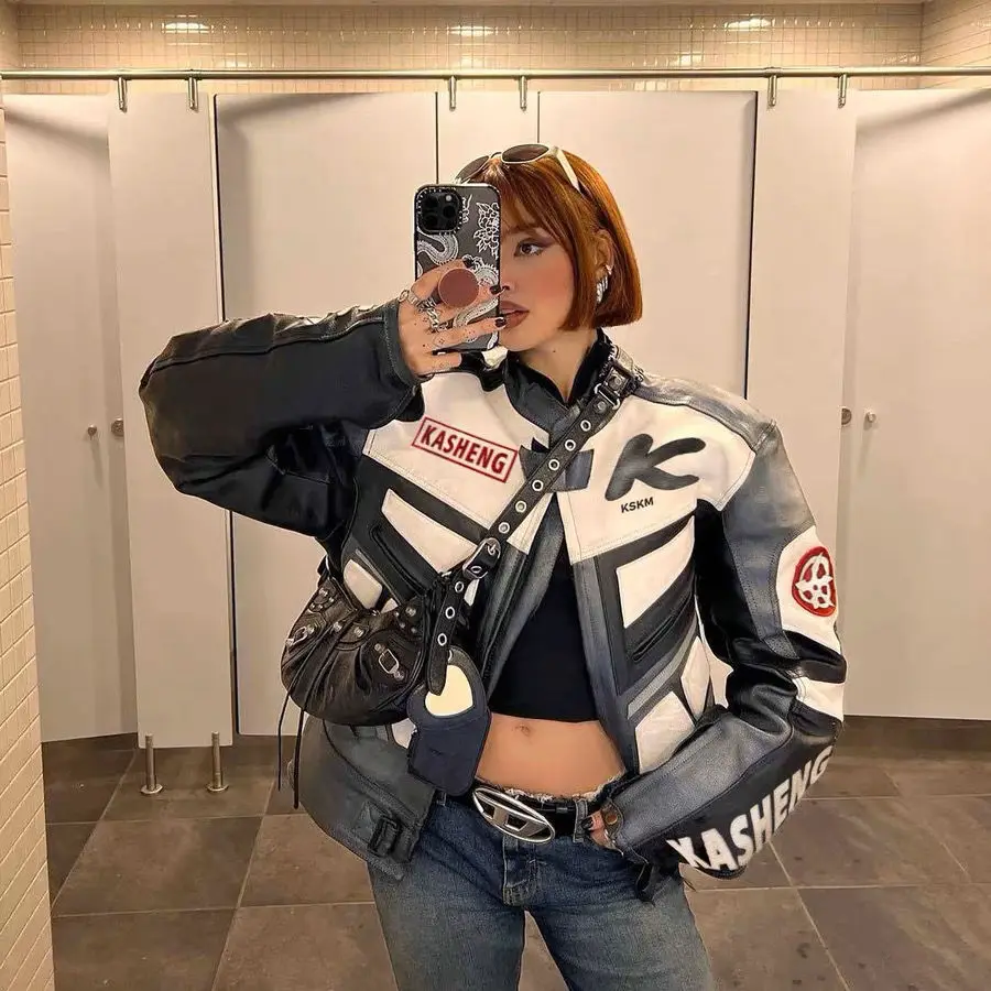 

Vintage Faux Leather Jacket for Men Women Baseball Coat Motorcycle Jacket Stand Collar Racing Men and Women Autumn Winter