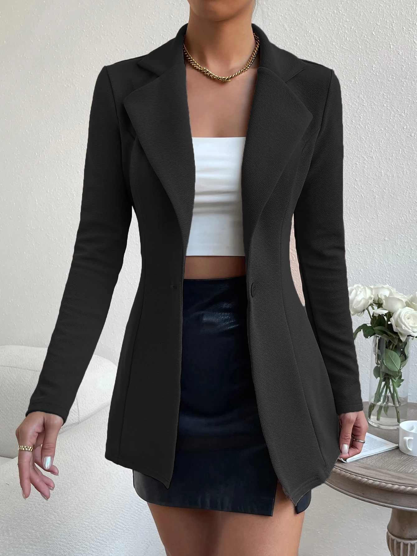 Solid Button Front Blazer, Elegant Long Sleeve Slim Blazer For Office & Work, Womens Clothing