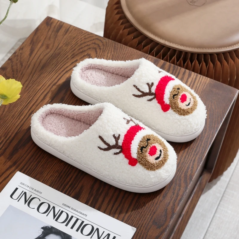 Winter Christmas Women Home Slippers Men Indoor Soft Non-slip Sandals Couples Warm Plush Flat Slides Adults Unisex Lovely Shoes 3
