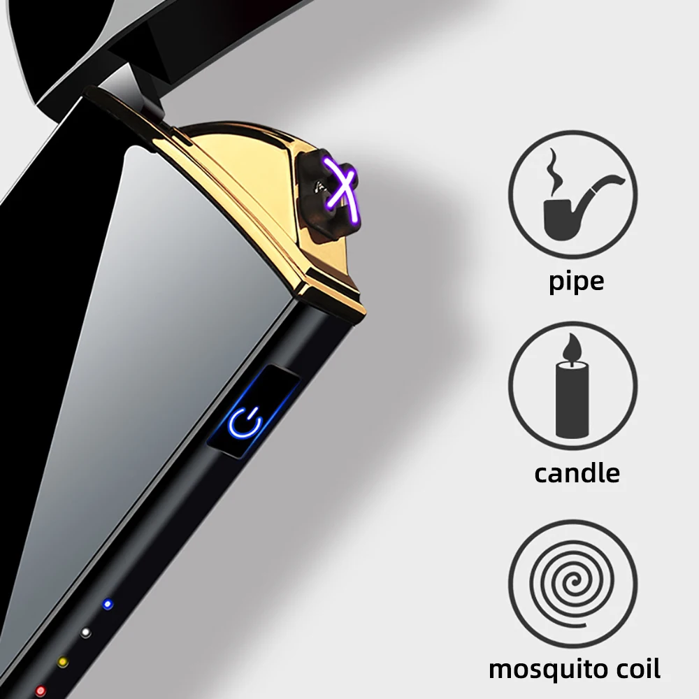 New Touch Sensing Metal Outdoor Electric Windproof Lighter Dual Arc Flameless Plasma USB Rechargeable