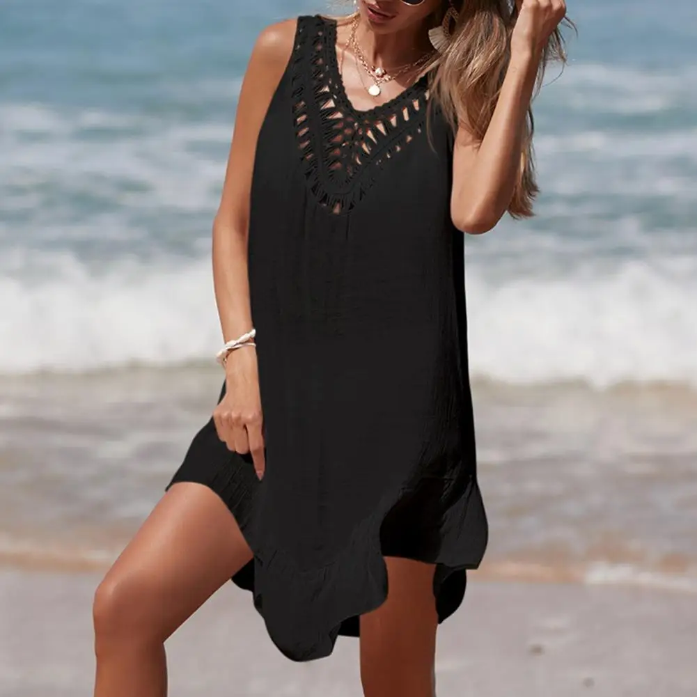 

Backless Dress Stylish Lace-up Crochet Beach Dress for Women V Neck Hollow Out Swimsuit Coverup with Sun Protection for Ladies
