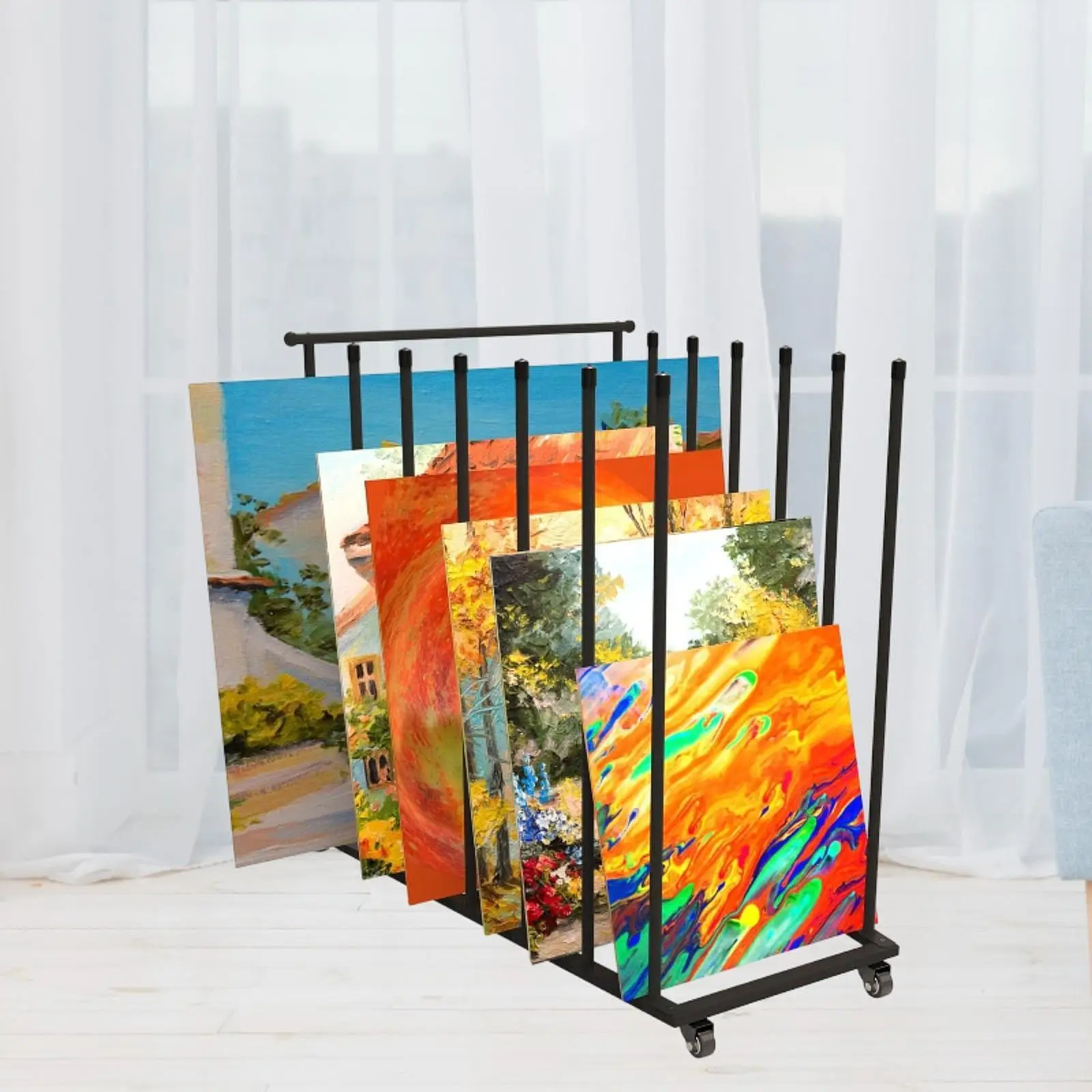 Carton Storage Rack with Casters Art Storage Cart with High Side Rails Storages Organizer Canvas Panel Organizer