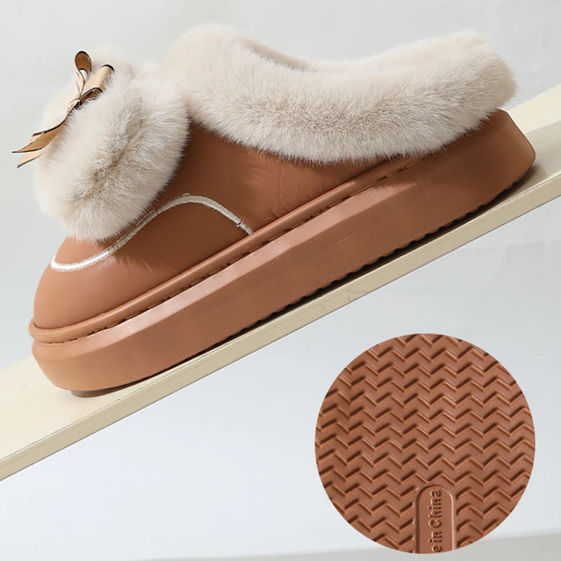 Korean Fluffy Bowknot Cotton Slippers Women 2025 Winter Indoor Non Slip Warm Fur Slippers Woman Comfortable Thick Soles Shoes