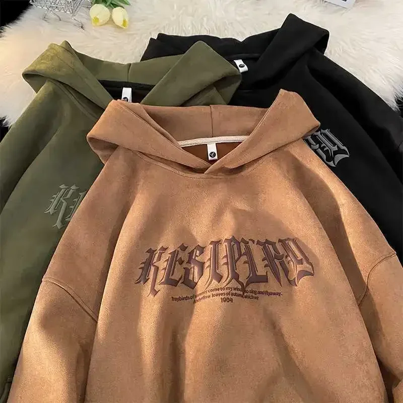 Autumn and winter coats for men, American trendy brand loose suede sweatshirts, large size retro trendy hooded top men clothing