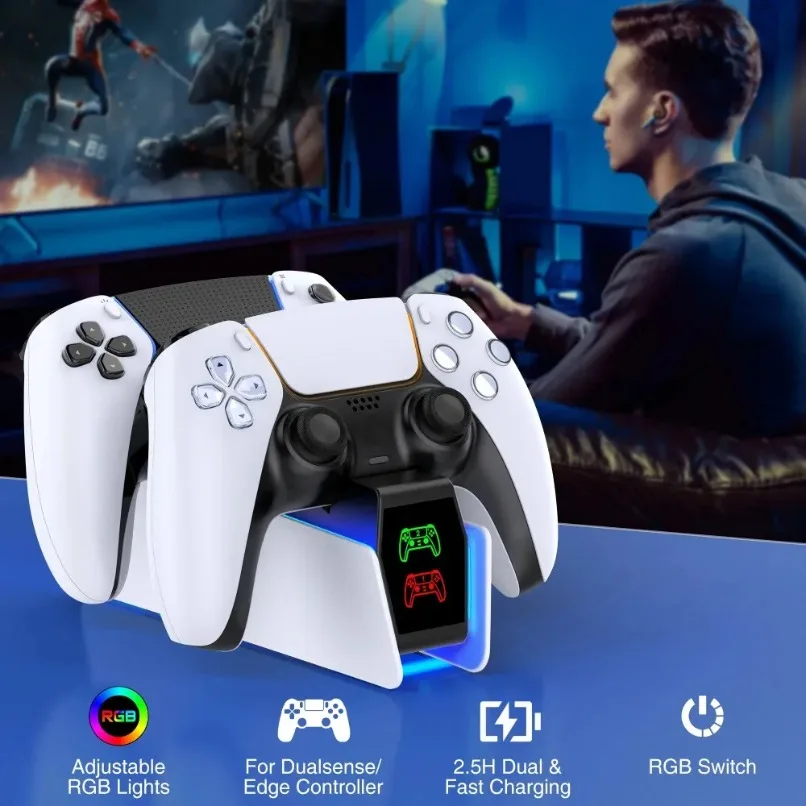 PS5 컨트롤러용 듀얼 고속 충전기 도킹 스테이션(LED 표시등 포함) 플레이스테이션 5 게임패드 조이스틱 게임 액세서리