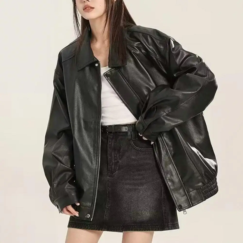 Women Jacket with Pocket Vintage American Style Women's Faux Leather Jacket  Loose Fit Zipper Pocket Long Sleeves Oversized