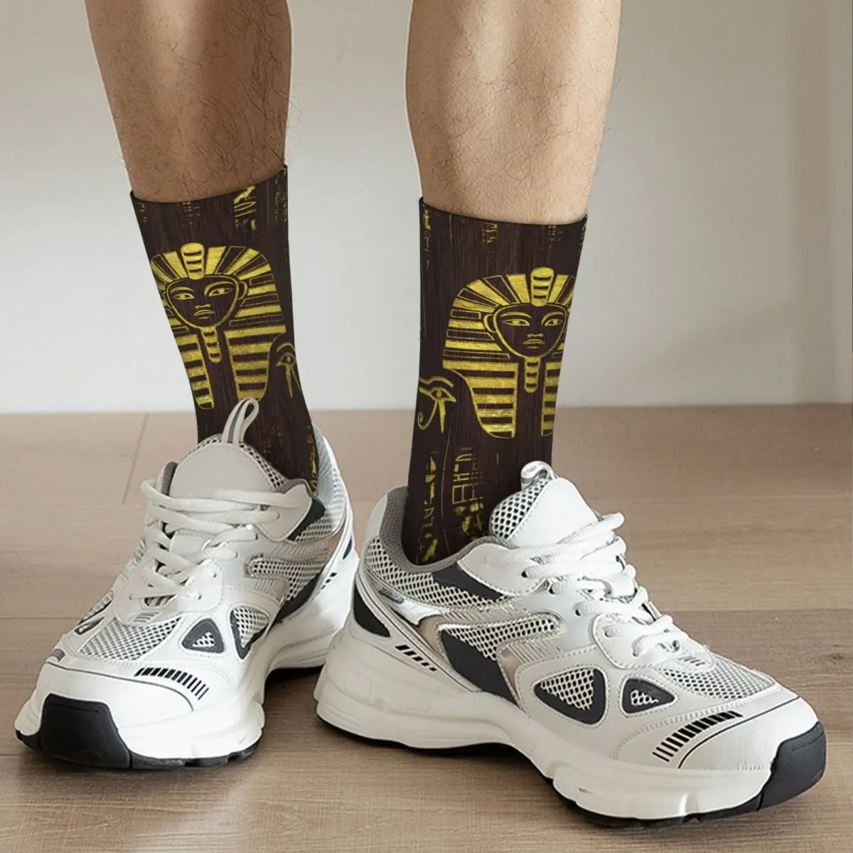 цена Golden Egyptian Sphinx And Hieroglyphics On Wood Adult Socks Unisex socks,men Socks women Socks