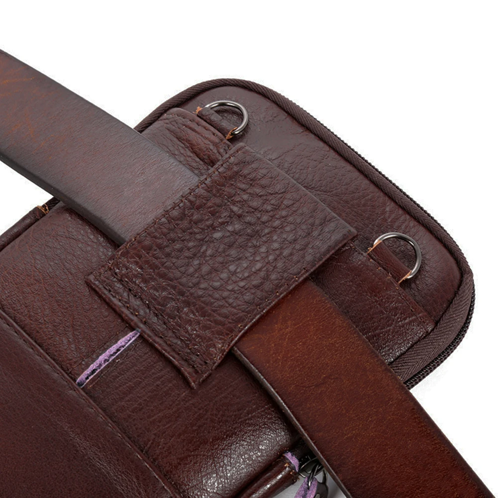 Multifunction Genuine Leather Shoulder Bag Solid Color Men Zip Crossbody Handbag